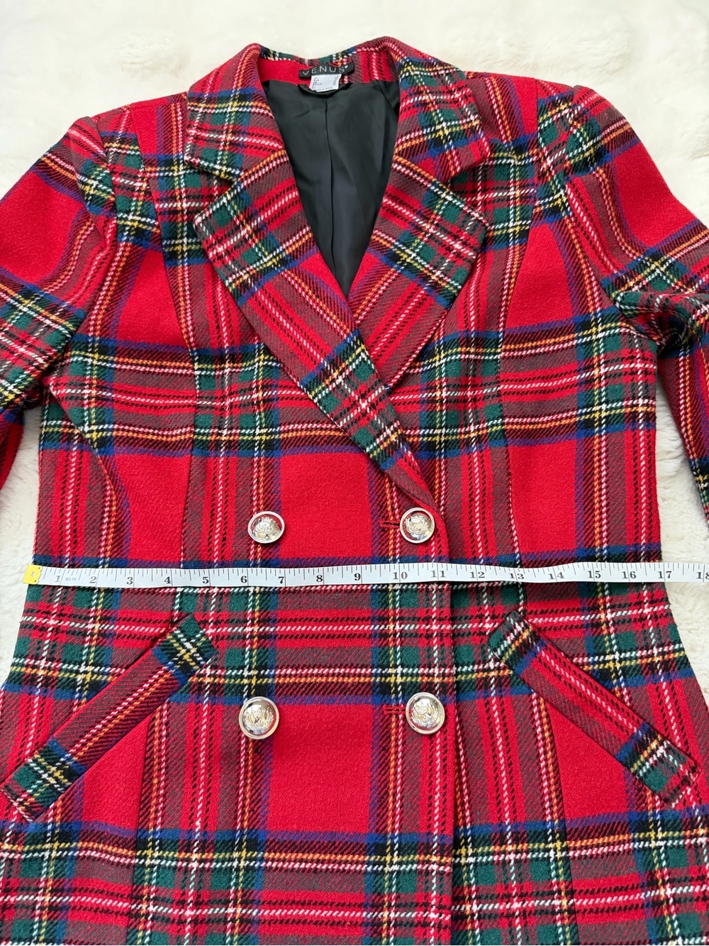 Venus Red Tartan Plaid Fitted Double-Breasted Longline Blazer Jacket - 8 - Picture 14 of 15